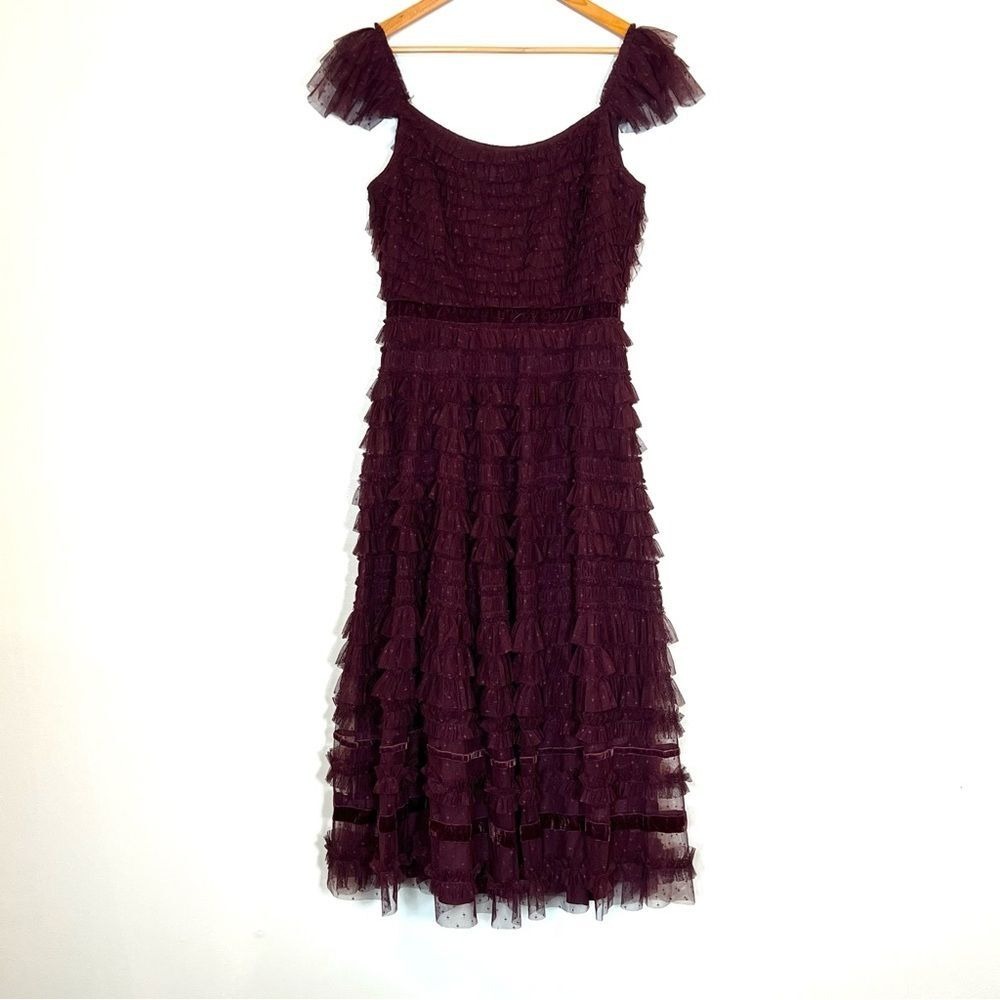 Mac Duggal 8054 Size 10 Amethyst Ruffle Tulle Cap Sleeve Tiered Party Midi Dress - Picture 8 of 12